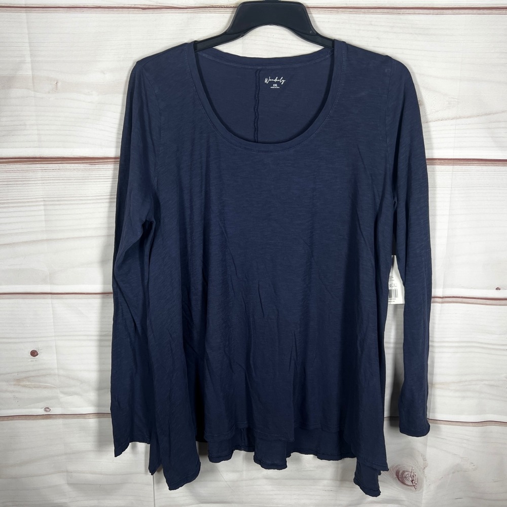 Wonderly Long Sleeve Top Womens XXL Blue Solid Scoop Neck Slub Knit Cotton Swing